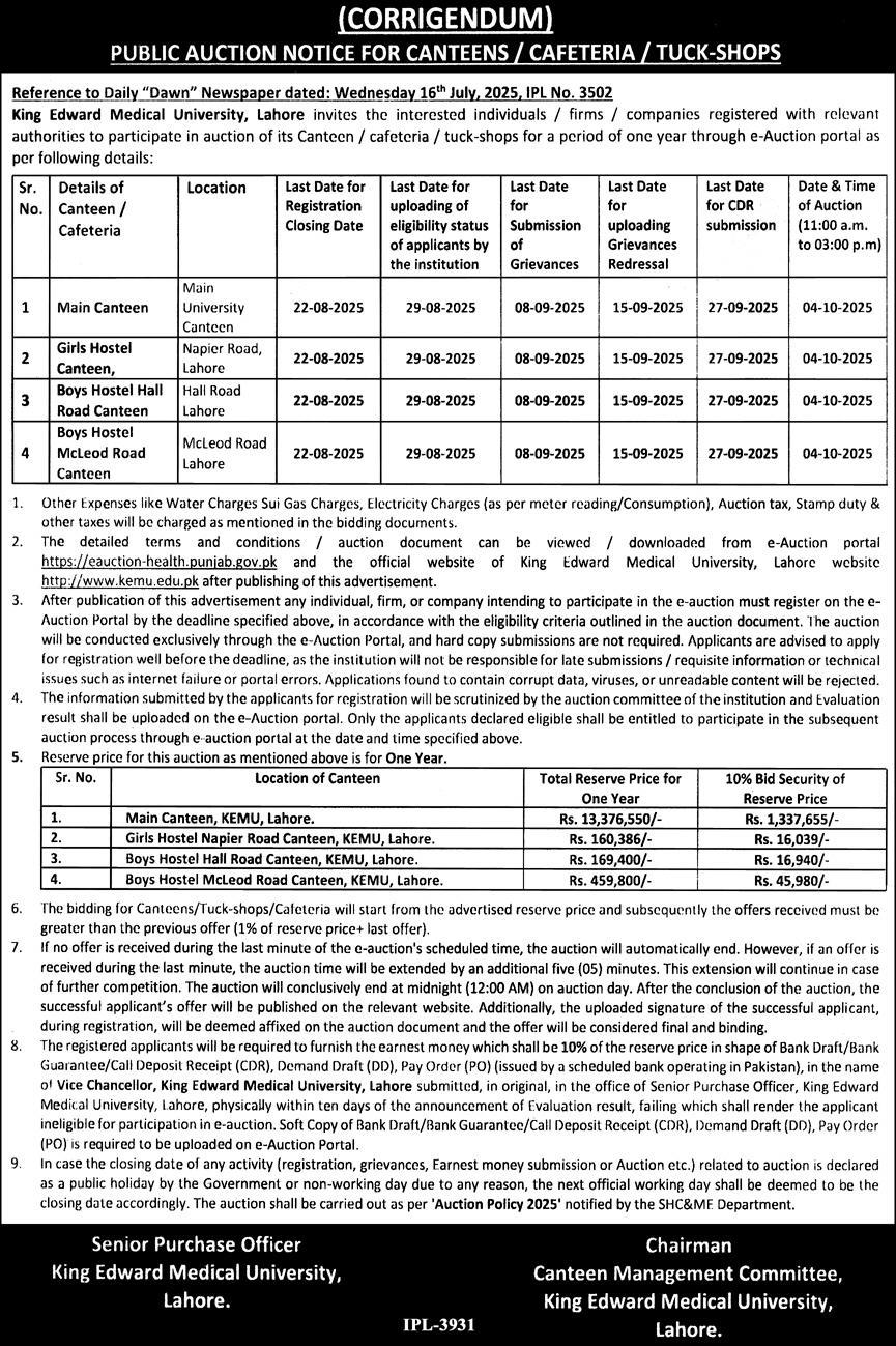 King Edward Medical University Lahore Tender Notice